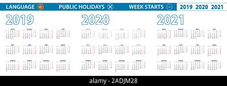 Semplice calendario modello in portoghese per il 2019, 2020, 2021 anni. Inizia settimana da Lunedì. Illustrazione Vettoriale. Illustrazione Vettoriale