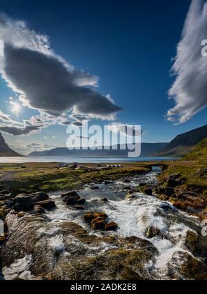 Area Dynjandi, cascate Dynjandi, Westfjords, Islanda Foto Stock