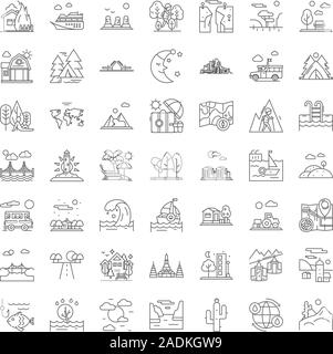 Paesaggi linea design icone, segni, simboli vettoriali, illustrazione lineare impostato Illustrazione Vettoriale