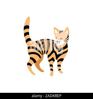 Carino striped cat isolati su sfondo bianco. Cartoon permanente pet con gli occhi chiusi. Vettore di piana illustartion. Illustrazione Vettoriale