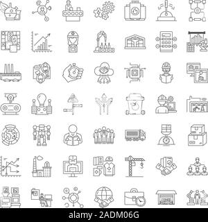 Produttore fabbrica icone lineare, segni, simboli linea del vettore illustrazione impostato Illustrazione Vettoriale
