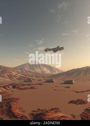 Il convoglio dei futuri serbatoi e astronave attraversando un Mars-come il deserto rosso pianeta Foto Stock