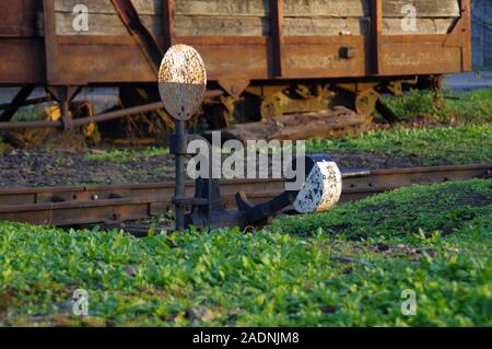 Il vecchio interruttore ferroviaria. Maniglia arrugginita invertendo la direzione del treno. Foto Stock