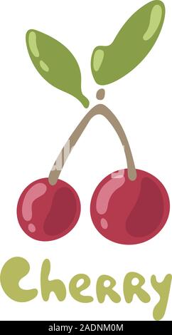Rosso ciliegia icona vettore isolato su sfondo bianco. Mature di bacche rosse con foglie. Coppia di ciliege in stile doodle Illustrazione Vettoriale