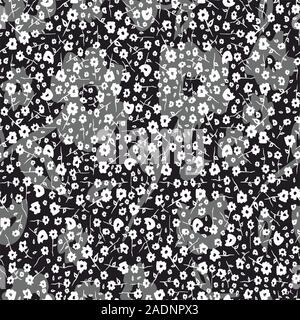 Monocromatico seamless fiori isolati su sfondo nero. - Vettore Illustrazione Vettoriale