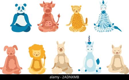 Animali Cartoon di eseguire esercizi di yoga. Disegno panda, mucca, jaguar, zebra, cane, gatto, lion, lama e carattere di unicorn seduta in lotus la postura e la meditazione vipassana meditazione isolato. Piatto. Illustrazione Vettoriale