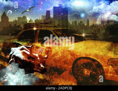 Composizione di NYC. Yellow taxi e sullo skyline Foto Stock