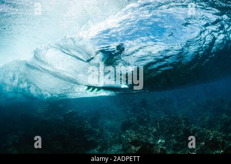 Vista subacquea di un surfista sull'onda Foto Stock