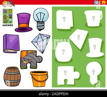 Cartoon illustrazione degli oggetti di corrispondenza e la forma destra o Silhouette con oggetti gioco educativo per i bambini Illustrazione Vettoriale