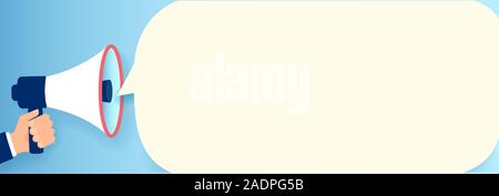 Vettore di un imprenditore mano che tiene un megafono con bolla bianca per i social media annuncio Illustrazione Vettoriale