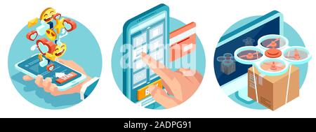 Internet negozio e social media marketing concetto. Online la recensione del prodotto, ordine di pagamento on-line veloce e delivey Illustrazione Vettoriale