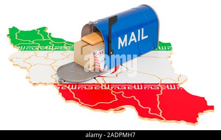 Cassetta postale sulla mappa iraniana. Spedizioni in Iran, concetto. 3D rendering isolati su sfondo bianco Foto Stock