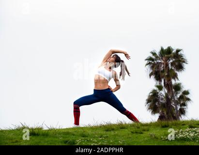 Athletic donna esegue l esercizio di stiramento all'aperto sul prato. Salute e stile di vita fitness Foto Stock