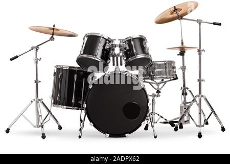 Studio shot di un nero e argento drum kit isolato su sfondo bianco Foto Stock