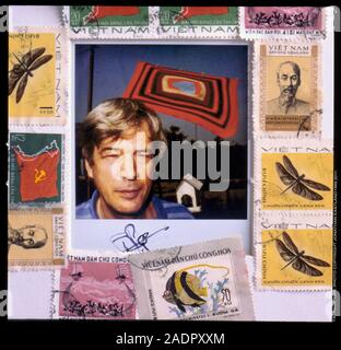 AJAXNETPHOTO. MAGGIO 1989. ULCOMBE, INGHILTERRA. - POLAROID PHOTO OF PHOTOGRAPHER TIM PAGE (B25/05/1944-D24/08/2022.) NEL GIARDINO DELLA SUA CASA A WINDMILL HILL IN UN COLLAGE CON FRANCOBOLLI DAL VIETNAM. PHOTO:JONATHAN EASTLAND/AJAX REF: (C)PEO PAGE TIM MONT 89 CT930159 Foto Stock