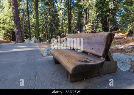 Rustico realizzato da banco di enormi tronchi di alberi lungo il sentiero per il General Sherman Tree in Sequoia National Park, California, Stati Uniti d'America Foto Stock