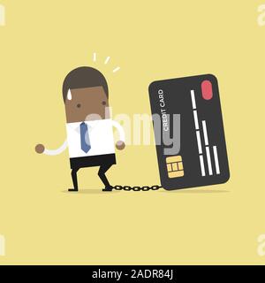 Imprenditore africano con piede incatenato alla carta di credito della banca il tentativo di fuggire. Illustrazione Vettoriale