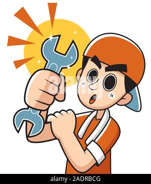 Illustrazione Vettoriale di Cartoon meccanico tenendo un enorme chiave Illustrazione Vettoriale