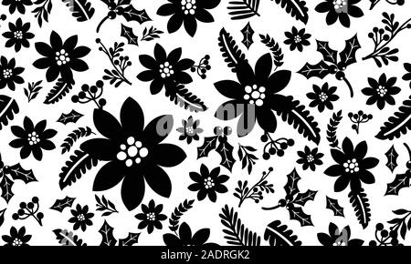 Seamless pattern natale floreale, fiore nero su sfondo bianco. Illustrazione Vettoriale