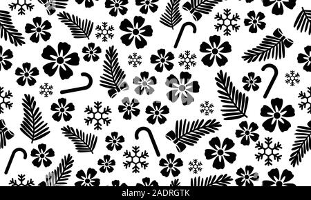 Seamless pattern natale floreale, fiore nero su sfondo bianco. Illustrazione Vettoriale