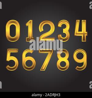 Oro numeri da zero a nove su un isolato nero lo sfondo. Immagine vettoriale. Elemento di design. Illustrazione Vettoriale