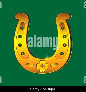 Realistica a ferro di cavallo in oro con foglia di trifoglio quattro isolati su sfondo verde. Immagine vettoriale. Oggetti di decorazione. Illustrazione Vettoriale