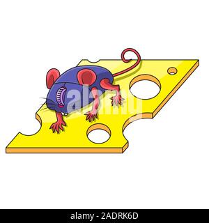 Un mouse per computer con le zampe e le orecchie corre lungo un percorso di formaggio su un isolato bianco sullo sfondo. Immagine vettoriale. Illustrazione Vettoriale
