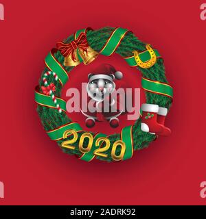 Ghirlanda di Natale 2020 Santa Claus candy campane scarpe a ferro di cavallo di pino su nastro rosso sfondo isolato. Immagine vettoriale. Illustrazione Vettoriale