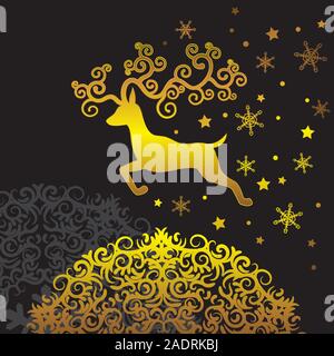 Silhouette di natale di renne oro snowflake pattern isolato su sfondo nero. Immagine vettoriale. Illustrazione Vettoriale