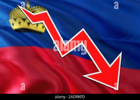 Il Liechtenstein economia grafico è che indicano una crescita negativa, freccia rossa scendendo con linea di tendenza. Il concetto di business su sfondo nazionale. Foto Stock