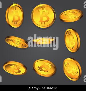 Moneta in oro con bitcoin segno scuro su sfondo isolato. Immagine vettoriale. Elemento di design. Illustrazione Vettoriale