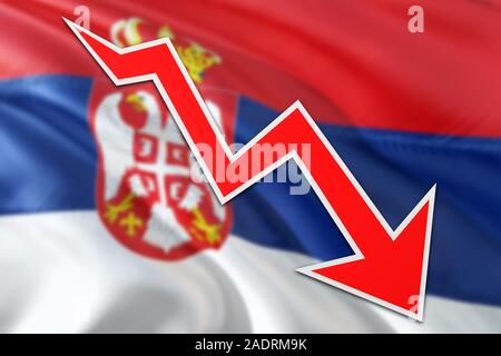 La Serbia economia grafico è che indicano una crescita negativa, freccia rossa scendendo con linea di tendenza. Il concetto di business su sfondo nazionale. Foto Stock