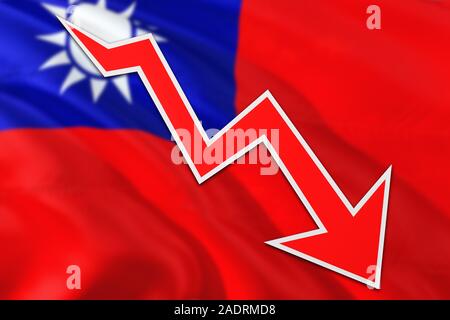 L'economia di Taiwan è il grafico che indica una crescita negativa, freccia rossa scendendo con linea di tendenza. Il concetto di business su sfondo nazionale. Foto Stock