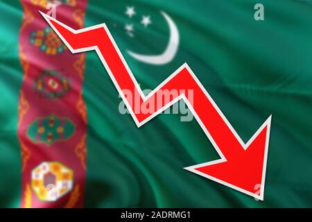 Economia del Turkmenistan è il grafico che indica una crescita negativa, freccia rossa scendendo con linea di tendenza. Il concetto di business su sfondo nazionale. Foto Stock