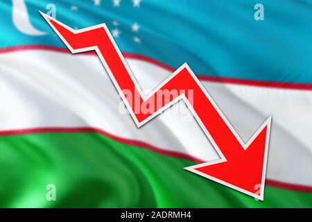 Uzbekistan economia grafico è che indicano una crescita negativa, freccia rossa scendendo con linea di tendenza. Il concetto di business su sfondo nazionale. Foto Stock