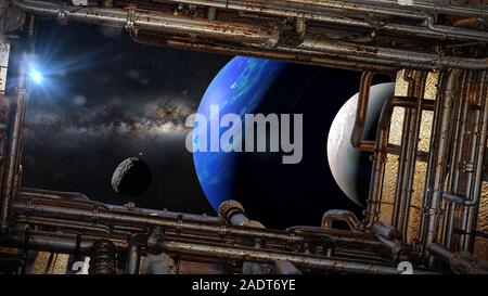 Vista sul pianeta Nettuno con lune attraverso una finestra astronave Foto Stock