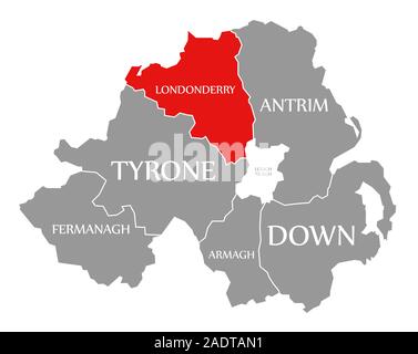 Londonderry evidenziata in rosso nella mappa di Irlanda del Nord Foto Stock