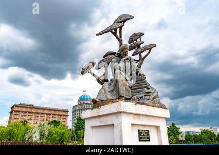 Dushanbe bandiera Polo Park vista pittoresca di Abu Ali Sina Avicenna statua su un Nuvoloso Giorno di pioggia Foto Stock