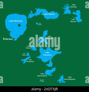 Mappa dei laghi in Rotorua distretto dei laghi sull'Isola del nord della Nuova Zelanda Illustrazione Vettoriale