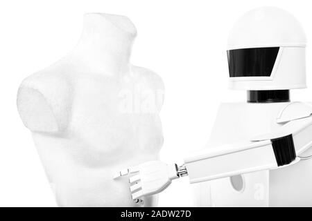 Il robot è la raccolta di dati da un burattino umano, toccando la pelle Foto Stock