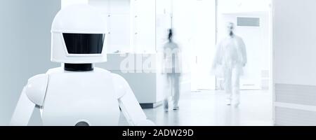 Assistenza infermieristica robot in un ospedale o chirurgo con copyspace, nozione autonoma di robot di servizio supporta il lavoro dei professionisti Foto Stock