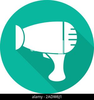 Asciugacapelli design piatto lungo ombra icona. Blowdryer. Vettore simbolo silhouette Illustrazione Vettoriale