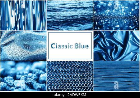 Creative collage fatto di varie consistenze ispirata dal colore blu. Foto Stock