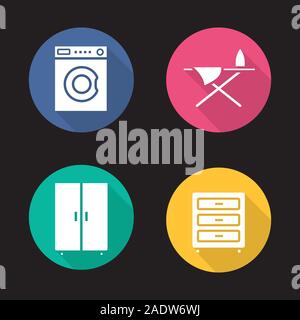 Mobili di design piatto lungo ombra set di icone. Macchina di lavaggio, comò, armadio e asse da stiro. Vettore illustrazione silhouette Illustrazione Vettoriale