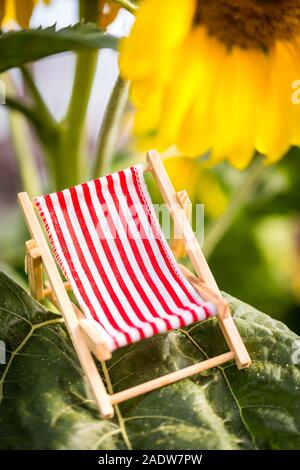 Una struttura di poltrona sdraio in miniatura rosso bianco striato con un girasole in background, il concetto di vacanza e vacanze Foto Stock