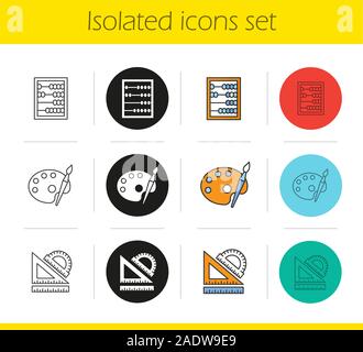 Istruzione set di icone. Lineare, in nero e a colori di stili. Matematica, arte, simboli di geometria. Scuola righelli, Abacus, una tavolozza con pennello. Vettore isolato il Illustrazione Vettoriale