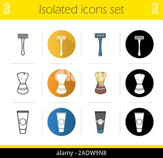 Accessori per la rasatura set di icone. Design piatto, lineare, in nero e a colori di stili. Dopobarba crema tubo, rasoio, Pennelli per barba. Isolato illustrazioni vettoriali Illustrazione Vettoriale