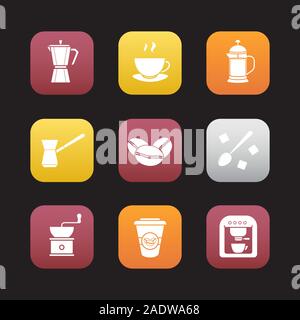 Coffee design piatto set di icone. Macchina per il caffè espresso, classica caffettiera, tazza fumante sulla piastra, pressa French, turco cezve, un cucchiaio di zucchero, mano mulino. Illustrazione Vettoriale