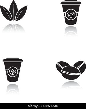 Bollitore per tè e caffè ombra nera set di icone. Caffè torrefatto in grani, foglie di tè e di carta monouso tazze. Isolato illustrazioni vettoriali Illustrazione Vettoriale