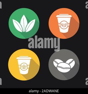 Bollitore per tè e caffè design piatto lungo ombra set di icone. Caffè torrefatto in grani, foglie di tè e di carta monouso tazze. Vettore illustrazione silhouette Illustrazione Vettoriale